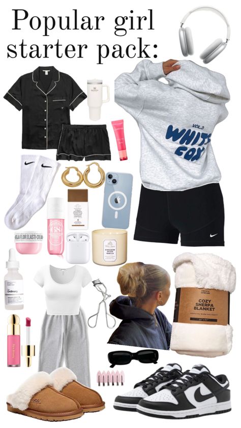 Popular girl starter pack🤍🫶🏻🎧 Popular Girl Starter Pack, 8th Grade Outfits, White Girl Outfits, Most Popular Shoes, Trendy Girls Outfits, Teen Trends, Preppy Girl, Casual Preppy Outfits, Trendy Outfits For Teens