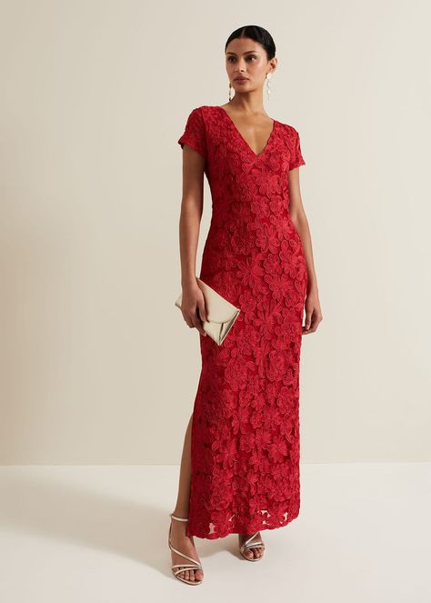 Janice Red Tapework Maxi Dress | Phase Eight ROW | Net Maxi, Red Maxi Dress, Red Lace Dress, How To Iron Clothes, Phase Eight, Fitted Silhouette, Petite Dresses, Dress Red, Guest Dresses