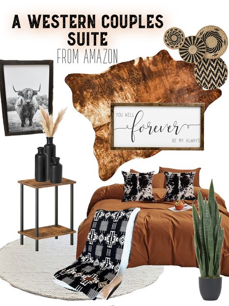 Aztec Master Room, Western Style Master Bath, Couples Western Bedroom, Cognac Bedroom Ideas, Amazon Western Home Decor, Western Boho Master Bedrooms, Southwest Modern Home, Diy Cowhide Headboard, Western Boho Bedding