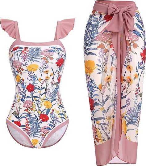 Women's One Piece Swimsuit with Cover up Beach Skirt Retro Floral Printed Swimsuit Bathing Suit Ruffle V-neck Monokini Swimwear Sarong Coverups Two Piece Bikini Set Beachwear Dusty Pink Floral M at Amazon Women’s Clothing store Vintage Inspired Swimwear, Elegant Swimwear, Wrap Bathing Suit, Backless Bathing Suits, Beach Wear Outfits, Swimsuit Design, Beach Skirt, Print Swimwear, Print Swimsuit