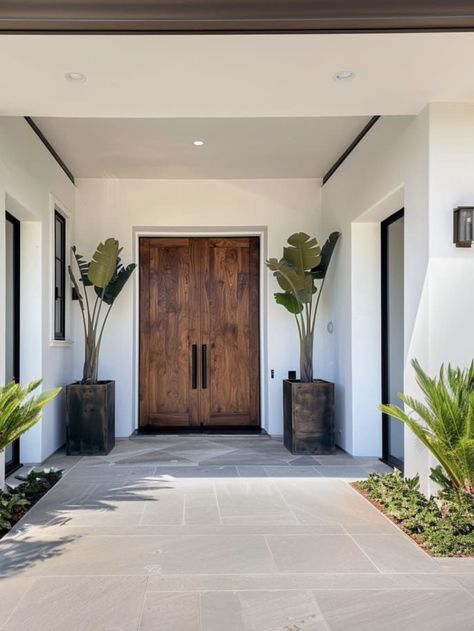 House Pathway Entrance, House Entrance Ideas Entryway Exterior Modern, Minimalist House Entrance, Minimalist Home Design Exterior, Florida Front Porch Ideas, Front Porch Minimalist, Modern Farmhouse Entrance, Minimalist Front Door, Minimalist Front Porch