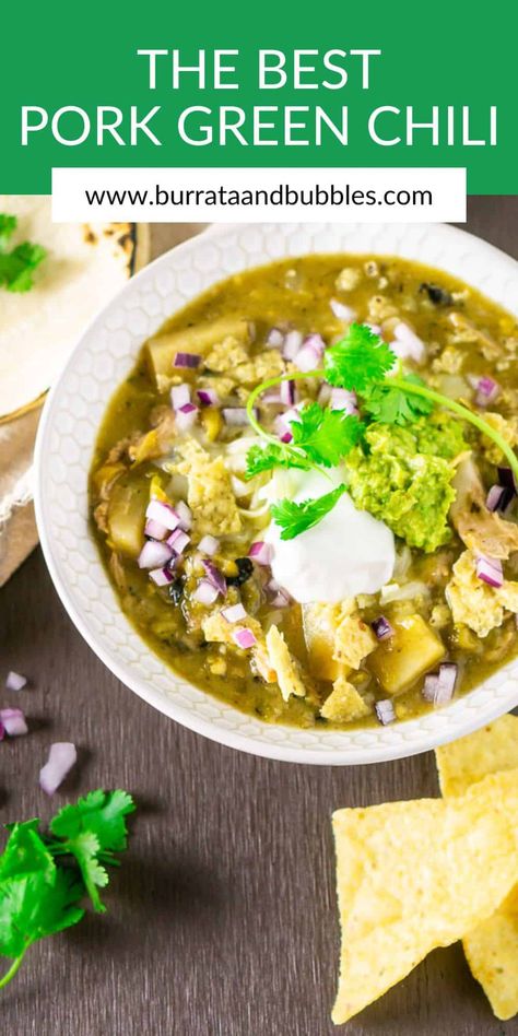 Let's get cozy and enjoy with a big bowl of this Colorado-style pork green chili! With its flavorful, tender chunks of pork shoulder and spicy peppers, this Colorado green chili is the perfect comfort food. Eat it as a hearty stew with your favorite chili toppings or smother it on your favorite dish. Green Chili Pork Roast, Shredded Pork Green Chili Recipe, Pork Green Chili Recipe Slow Cooker, Green Chili Stew Pork, Pork Green Chili Stew, Pork Green Chili Recipe Colorado, Green Chili With Pork, Colorado Green Chili Recipes, Pork Green Chili Recipe