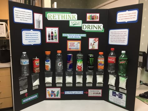 Rethink Your Drink! Sugary drinks are bad for your teeth! Drink Water! Stem Fair Projects, Sugar In Drinks, 6th Grade Science Projects, Winning Science Fair Projects, Easy Science Fair Projects, Kids Science Fair Projects, Elementary Science Fair Projects, Science Fair Board, Rethink Your Drink