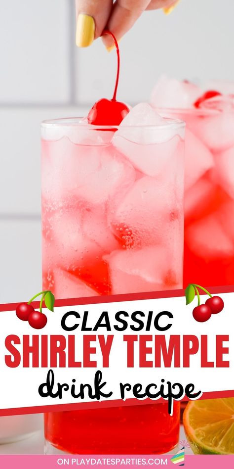 Learn how to make your own easy Shirley Temple drink whenever you want to feel fancy and enjoy a fizzy, refreshing recipe. This Shirley Temple recipe is a classic non alcoholic drink for kids, but is also loved by adults. This pretty pink drink is a fun and easy DIY mocktail recipe for spring and summer parties and other celebrations like Easter, Valentine's Day, Halloween, Christmas, and New Year's Eve. Easy Drinks To Make Non Alcoholic, Shirly Temple Drink Recipe, Shirley Temple Charcuterie Board, Christmas Shirley Temple Drink, How To Make Shirley Temples, Shirley Temple Punch Recipes, Shirley Temples, Shirley Temple Station Grad Party, Shirly Temple Aesthetic