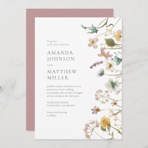 $2.98 | Mauve Chic Spring Delicate Pressed Florals Wedding #watercolor florals, pressed flowers, spring wedding invitation, elegant modern simple, delicate boho, dusty rose mauve blush pink, sage green dusty blue, romantic spring wedding, garden theme, rustic botancial Sage Green And Gray Wedding, Green And Gray Wedding, Gray Wedding Invitations, Sage Wedding Invitations, Pressed Florals, Blue And Sage Green, Wildflower Wedding Theme, Wildflower Wedding Invitations, Chic Wedding Invitations