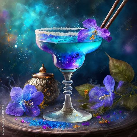 Mystical Elixir: A margarita with a mystical twist, incorporating butterfly pea flower tea for an enchanting blue hue, garnished with edible glitter and served with a magic wand stirrer. Pea Flower Tea, Butterfly Pea Flower Tea, Butterfly Tea, Coffee Cup Art, Butterfly Pea Flower, Butterfly Pea, Pea Flower, Cup Art, Edible Glitter