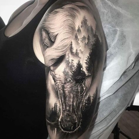 Horse Tattoo Design, Cowgirl Tattoos, Bone Tattoos, Western Tattoos, Tattoo Inspiration Men, Landscape Tattoo, Back Of Shoulder Tattoo, Horse Tattoo, Mountain Tattoo