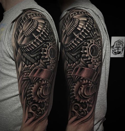 🔥 Biomechanical Tattoo Guide 🔥 with tons of examples Mechanical Tattoo, Biomechanical Tattoo Design, Gear Tattoo, Unique Half Sleeve Tattoos, Fake Tattoo Sleeves, Mechanic Tattoo, Christian Sleeve Tattoo, Biomechanical Tattoo, Skeleton Hand Tattoo