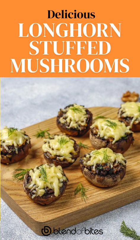 Longhorn Mushrooms Recipe, Longhorn Stuffed Mushrooms, Longhorn Stuffed Mushrooms Recipe, Steakhouse Mushrooms, Stuffed Mushroom Recipes, Copycat Longhorn, Stuffed Mushroom Recipe, Portabella Mushrooms Recipes, Mushroom Appetizers