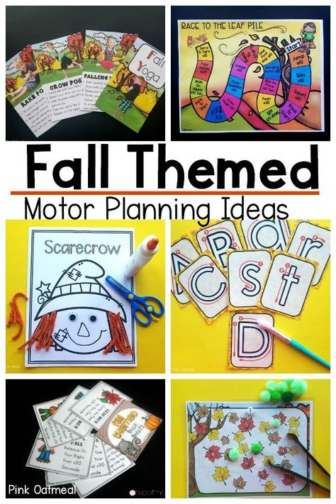 Fall themed motor planning ideas. Gross motor and fine motor activities with a fall theme. These activities are perfect for home, the classroom, and occupational or physical therapy. A fun way to incorporate appropriate motor planning and gross motor for Autumn Themed Activities, Pediatric Physical Therapy Activities, Pink Oatmeal, Kinesthetic Learning, Fine Motor Activities For Kids, Occupational Therapy Activities, Motor Planning, Fall Games, Abc Activities