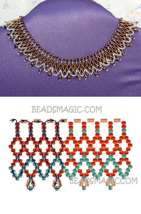 Free pattern for necklace Bronze Lace seed beads 11/0 short bugles Diy Necklace Patterns, Craft Things, Diy Jewelry Tutorials, Beaded Necklace Patterns, Diy Collier, Beadwork Necklace, Jewerly Beads, Lace Necklace, Beaded Jewelry Tutorials