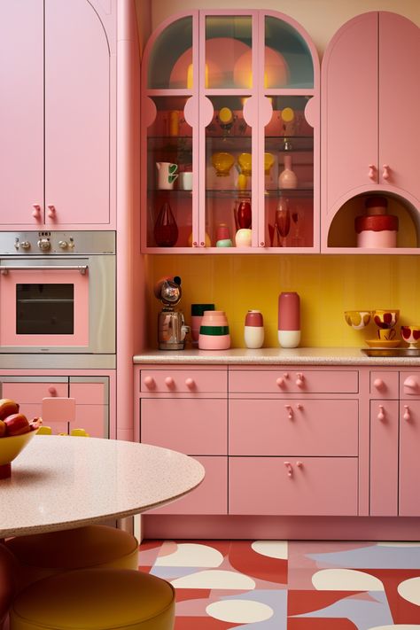 Pink pattern Kitchen in the style of playful use of shapes, leanne surfleet, pop-inspired, orient-inspired, rounded, bold palette, light pink and light amber Retro Glam Kitchen, Bar Decoration Ideas, Coffee Bar Decor Ideas, Pink Kitchen Cabinets, Coffee Bar At Home, Bar Decor Ideas, Retro Pink Kitchens, 80s Kitchen, Bar At Home