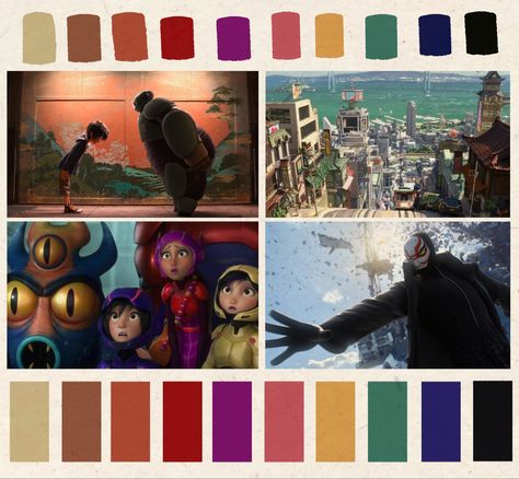 Bright intense summer color palette for the animated Disney superhero film Big Hero 6 #disney #animation #superhero #summer #bright #color #colour #colorpallete #cartoon #cinematography #tokyo #sanfrancisco Red Boys Bedroom, Disney Superhero, Colour Wheel Theory, Movie Color Palette, Color Script, Summer Color Palette, Color Palette Bright, Disney Colors, Film Studies