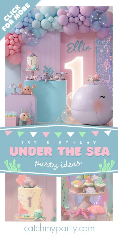 Take a look at this cute under the sea 1st birthday party! Love the dessert table! See more party ideas and share yours at CatchMyParty.com Pink Under The Sea Party, One Der The Sea First Birthday Girl, Under The Sea Birthday Party Girl, Oneder The Sea 1st Birthday Girl, Under The Sea Birthday Party Decorations, Oneder The Sea 1st Birthday, Under The Sea Party Ideas, Under The Sea 1st Birthday, Sea Birthday Party Decorations