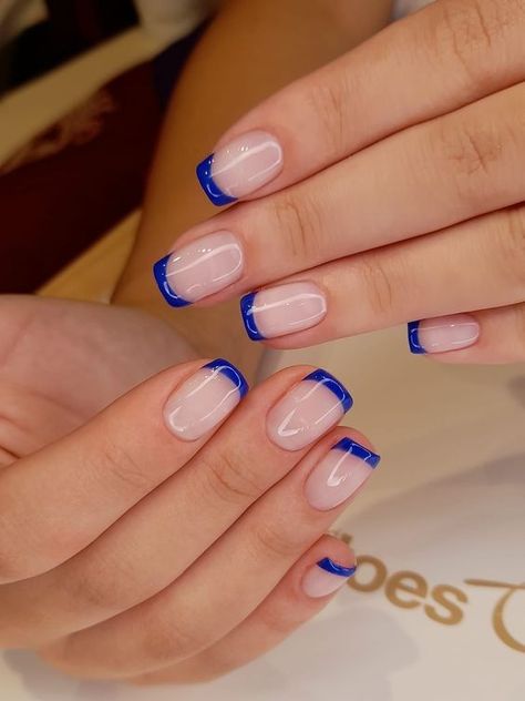 Nails Acrylic Blue Tips, Blue Tips Nails Square, Biab Nail Design Blue, Blue Tip Acrylics, French With Blue Tips, Blue Tip Nails Square, Short Square Tip Nails, Blue French Square Nails, Blue French Nails Square