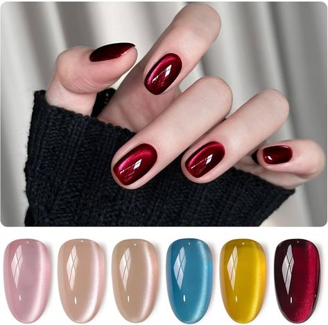 Cats Eye Nail Polish Gel, Burgundy Cat Eye Nails, Cats Eye Nails, Red Cat Eye, Ombre Gel Nails, Gel Nail Set, Cat Eye Nails Polish, Eye Nail Art, Glitter Manicure