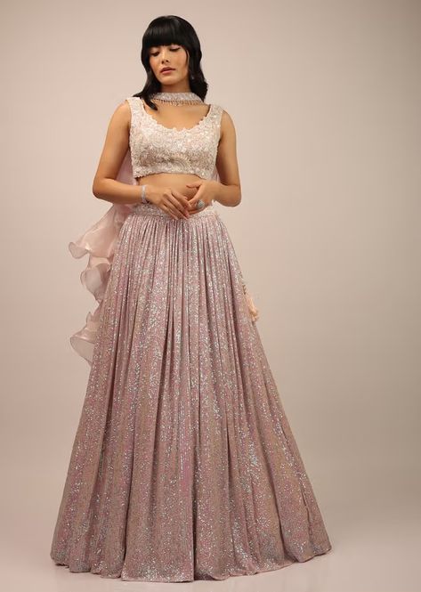 Blush Pink Crop Top And Pleated Skirt With Sequins Lehenga For Sangeet, Choker Dupatta, Blue Sequin Skirt, Sangeet Lehenga, Gold Lehenga, Raw Silk Lehenga, Yellow Lehenga, Bridesmaid Saree, Kalki Fashion