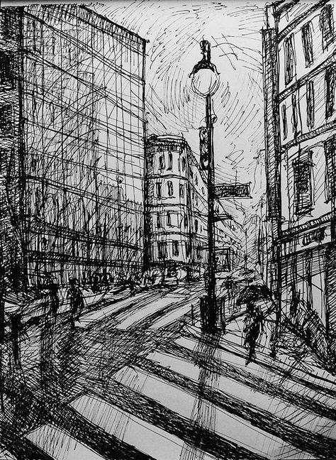 Pen Ink Drawing Landscape, Buildings Landscape Drawing, Cities Drawing Sketches, Landscape Drawing Black And White, Graphic Pen Art, Drawings Of Cities, Graphic Drawing Ideas, Black And White City Drawing, How To Draw Cities