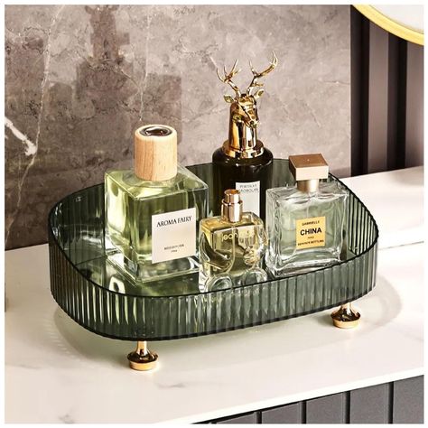 PRICES MAY VARY. 【Sturdy Material Perfume Tray】:Bathroom Vanity Tray is made of a oval design and molded into crystal clear acrylic, made well and simple look, easy to assemble and adhesion is strong. Bathroom counter tray can even be used with or without the feet and padding. Bathroom trays for counter has anti-slip gold feet with padding to help to keep away scratches. And makes small tray for bathroom firmly in place and doesn’t move around on a counter surface. Fragrance tray is easy to clea Bandeja Perfume, Perfume Organizer, Make Up Storage, Bathroom Vanity Tray, Bathroom Counter Decor, Makeup Tray, Organizer Bathroom, Dresser Tray, Bathroom Gifts