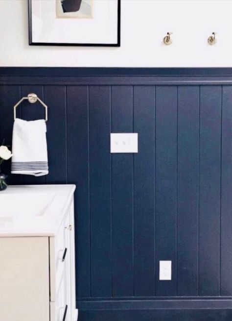 Bathroom Blue Wainscotting, Blue Painted Shiplap Bathroom, Blue Waynes Coating Bathroom, Navy Blue Shiplap Wall Bathroom, Navy Beadboard Bathroom, Horizontal Shiplap Bathroom Half Wall, Painted Beadboard Walls Bathroom, Navy Blue Wainscoting Bathroom, Navy Board And Batten Wall Bathroom