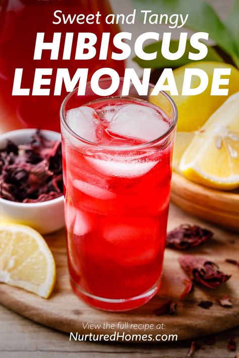 Hibiscus Lemonade (Easy Recipe!) - Nurtured Homes Hibiscus Recipes, Hibiscus Recipe, Hibiscus Lemonade, Hibiscus Drink, Healthy Refreshing Drinks, Breakfast Cocktails, Homemade Tea, Lemonade Drinks, Iced Tea Recipes