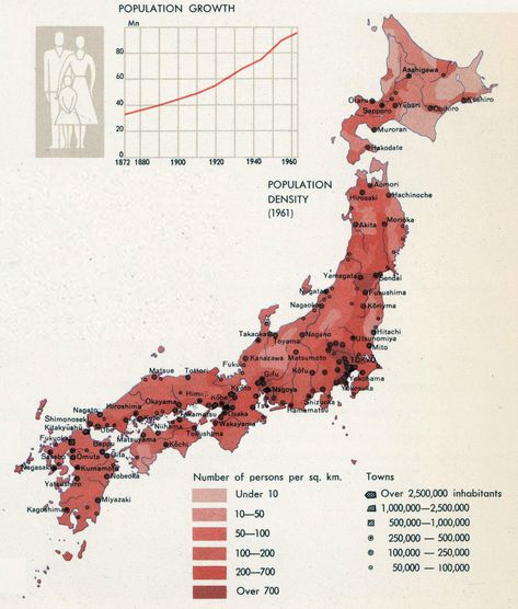 1967 population density map of Japan (1961) Population Density Map, Map Of Japan, Japan Travel Photography, Asian Continent, Population Density, Japan Map, Aesthetic Japan, Map Design, Japan Travel