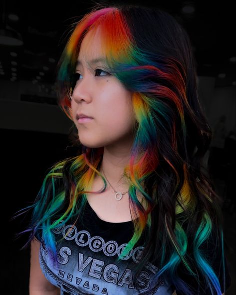 Black Hair With Vivid Money Piece, Rainbow Panel Hair, Rainbow Money Piece Hair, Money Piece Black Hair, Black And Rainbow Hair, Rainbow Money Piece, Vivid Money Piece Hair, Hair Money Piece, Rainbow Bangs