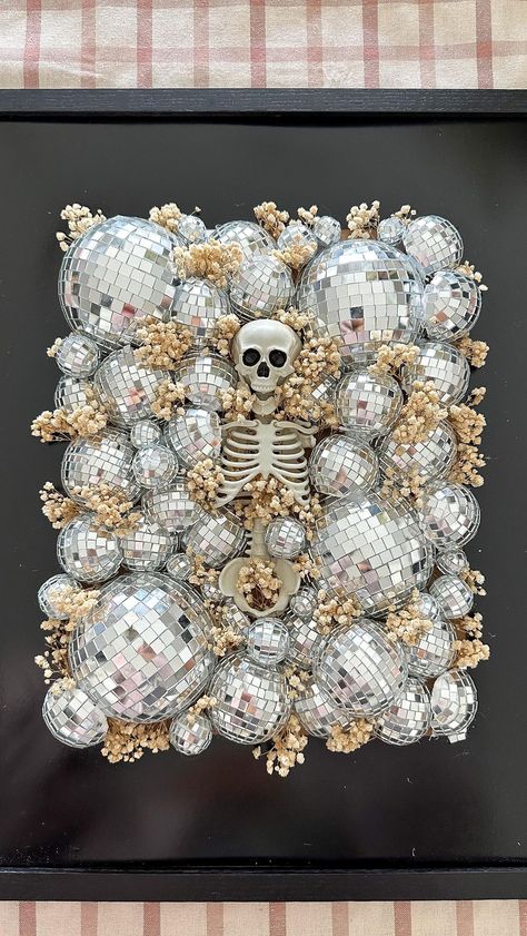 Disco Ball Skeleton, Framed Halloween Art, Disco Ball Cauldron, Disco Cauldron, Disco Ball Ideas, Goth Crafts Diy, Disco Diy, Diy Cauldron, Aesthetic Craft Ideas