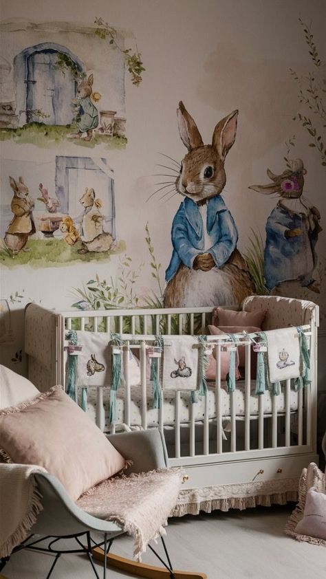 Nursery Ideas Peter Rabbit, Peter Rabbit Nursery Ideas, Peter Rabbit Nursery Boy, Peter Rabbit Room, Storybook Nursery Theme, Bunny Nursery Theme, Bunny Baby Room, Rabbit Themed Nursery, Cottagecore Nursery