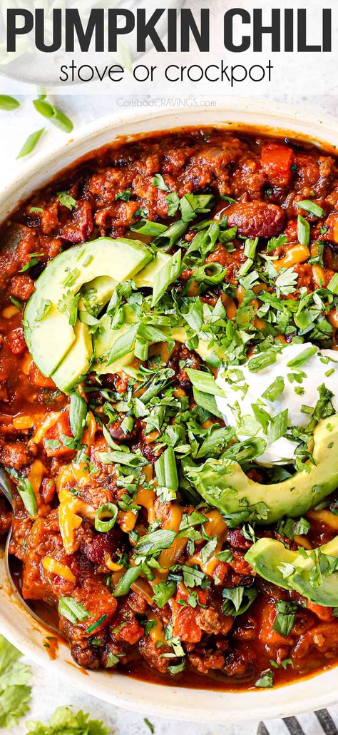 BEST Pumpkin Chili (Stove OR Crockpot!) Pumpkin Chilli, Turkey Pumpkin Chili, Pumpkin Chili Recipe, Beef Chili Recipe, Crockpot Soup, Pumpkin Chili, Carlsbad Cravings, Chili Ingredients, Crockpot Chili