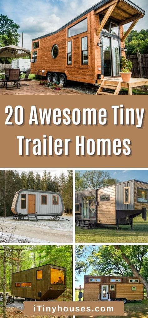 You are sure to love these tiny trailer homes and the minimalist style! Don't miss this list of 20 amazing choices! Tiny Homes On Trailers, Tiny Trailer House, Tiny Home On Trailer Diy, Mobile Tiny House Trailers, Trailer Home Ideas, Tiny Home Trailer Floorplan, Industrial Tiny House, Semi Trailer Tiny House, Tiny Homes Built On Trailers