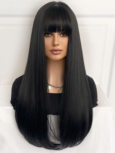 Long Black Hair With Fringe Bangs, Body Wave Wig With Bangs, Black Long Straight Hair With Bangs, Long Black Wig With Bangs, Long Black Hair With Bangs Grunge, Black Hair Bangs, Sleek Ponytail Hairstyles, Hairstyles For Layered Hair, Best Wigs