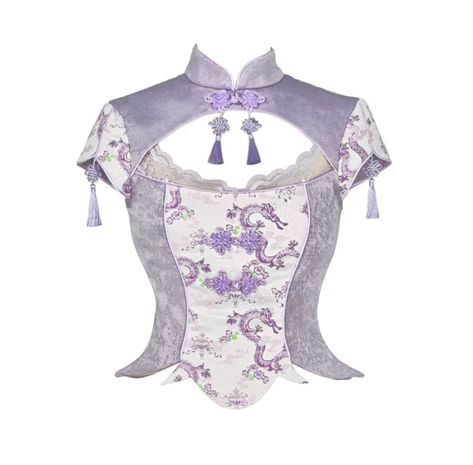 Get trendy with [Blood Supply] Dragon In Wisteria With Chinese Knot Crop Top - Crop Top available at Peiliee Shop. Grab yours for $49.90 today! Cheongsam Top, Knot Crop Top, Dragon Print, Dragon Pattern, Soft Purple, Pastel Purple, Wisteria, Cheongsam, Outfit Set