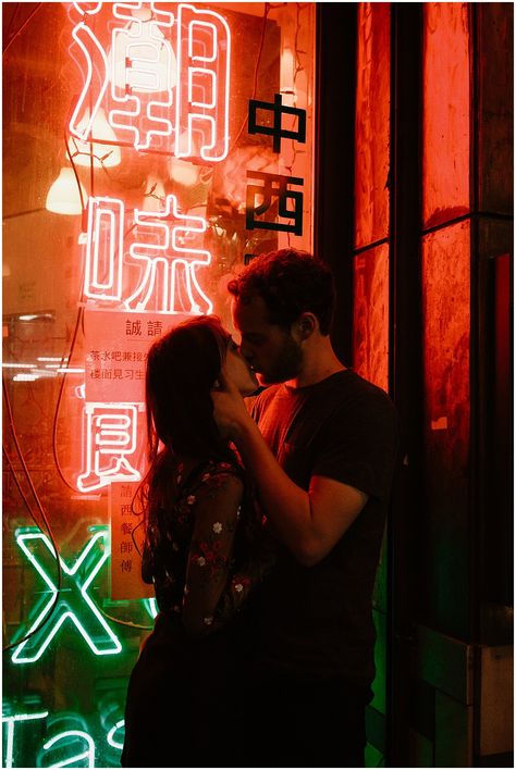 Chinatown neon engagement session - Yellow Bird Visuals Neon Photoshoot Couple, Neon Couple Photography, Bright Color Engagement Pictures, City Lights Prewedding, Night Time Couples Photoshoot City, Neon Engagement Photos, Chinatown Couple Photoshoot, Neon Couple Aesthetic, Chinatown Engagement Photos