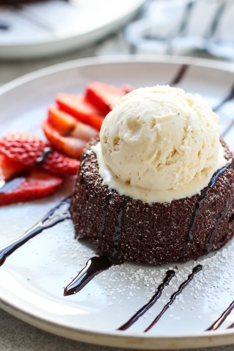 Molten Chocolate Lava Cake - An elegant and delicious dessert that is perfect for Valentine's Day, or any day! Warm, rich, decadent chocolate cake with a gooey lava filling in the middle, topped with vanilla ice cream. #lavacake #chocolate #cake #molten #chocolatecake #dessert #sweets #Valentines #ValentinesDay #recipe #joyousapron Cake And Ice Cream, Chocolate Lava Cake Recipe, Gooey Cake, Molten Chocolate Lava Cake, Lava Cake Recipes, Molten Lava Cakes, Molten Chocolate, Cake Chocolat, Decadent Chocolate Cake