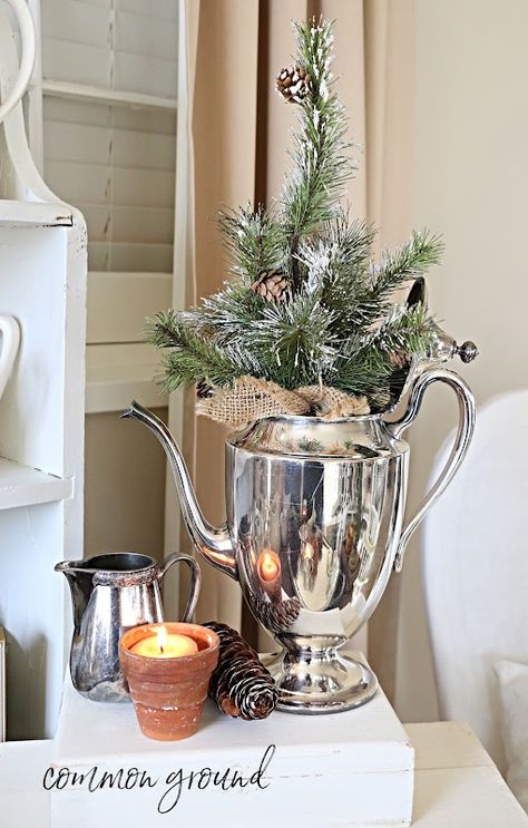 common ground : Winter Whites Tabletop Vignette Small Evergreen Trees, The Garden Room, Cozy January, Yellow Brick Home, Winter Whites, Christmas Dining Room, Winter Decorating, Christmas Flower Arrangements, Vintage Drawers