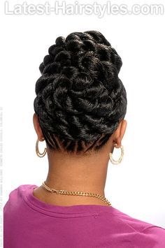 THE BRAIDED GODDESS - REAR VIEW. This style features a braided updo that has a lot of pizzazz and can be bring you from day to night with ease. Goddess Hairstyle, Havanna Twist, Goddess Braids Updo, Black Hair Updo Hairstyles, Flat Twist Updo, Twisted Hair, Twisted Updo, Pelo Afro, Beautiful Braids