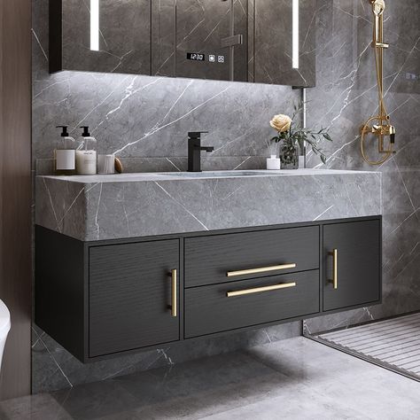 Modern 39" Floating Black Bathroom Vanity Stone Top Wall Mounted Bathroom Cabinet with Integral Ceramic Sink تصميم دورة مياه, Black Cabinets Bathroom, Black Vanity Bathroom, Wall Mounted Bathroom Cabinets, Bathroom Vanity Designs, Floating Bathroom Vanity, Vanity Design, Relaxing Atmosphere, Renovation Design