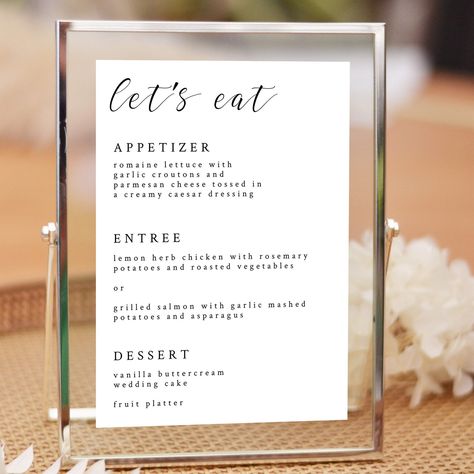 Wedding Food Menu Sign, Let's Eat Menu, Reception Dinner Menu Template, Simple Wedding Menu, Minimalist Menu Template, C100 Wedding Buffet Menu Sign, Wedding Menu Ideas Food, Wedding Food Menu Ideas, Wedding Meals, Wedding Menu Sign, Menu Minimalist, Menu Cards Wedding, Wedding Menu Ideas, Dinner Menu Template