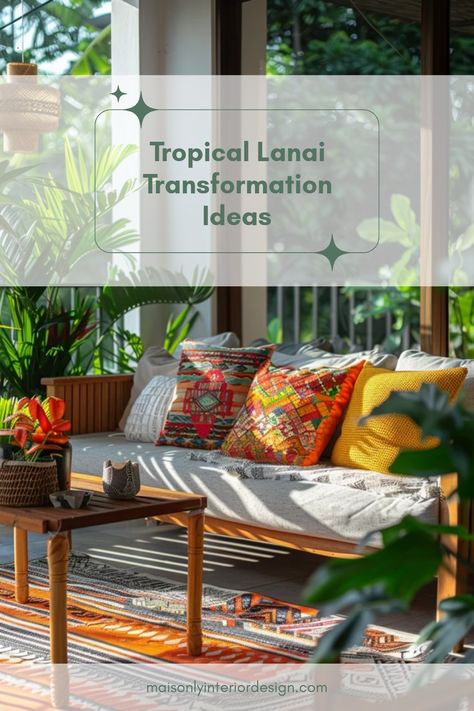 Explore tropical lanai transformation ideas that enhance outdoor living with lush plants and inviting decor, using one vibrant image. Eclectic Tropical Decor, Caribbean Decor Tropical Style, Florida Room Decorating Ideas, Tropical Decorating Ideas, Lanai Decorating Ideas Florida, Lanai Decorating Ideas, Tropical Lanai, Tropical British Colonial Interiors, Hawaii Interior Design