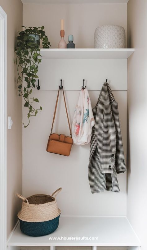 17 Modern Mudroom Entryway Ideas - HouseResults Entry Way Bench And Coat Hanger, Modern Mudroom Entryway, Mudroom Entryway Ideas, Entryway Shelf With Hooks, Entry Hooks, Modern Mudroom, Modern Farmhouse Mudroom, Entryway Coat Hooks, Farmhouse Mudroom