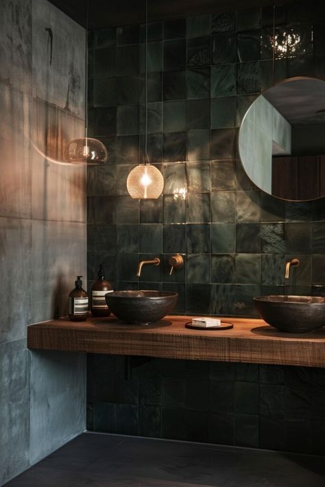 20 Trendy Moody Bathroom Concepts You'll Fall in Love With! - My Decor Inspo Moody Coastal Aesthetic, Dark Half Bath, Moody Master Bath, Bathroom Moody, Dark Academia Bedroom Ideas, Dark Cottagecore House, Spanish Cottage, Academia House, Tuscan Living Rooms