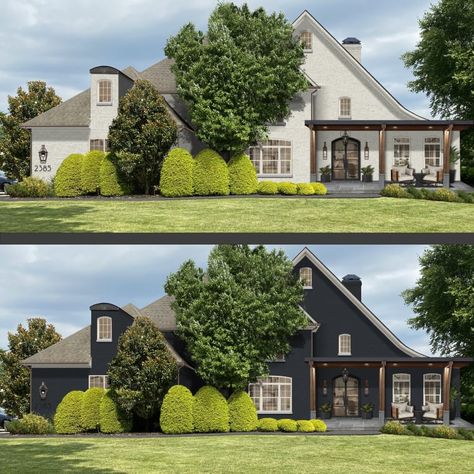 12 Black Brick House Exteriors to Inspire You - brick&batten Brick House Exteriors, All Black House Exterior, Black Brick House Exterior, Black Trim Exterior House, Black Brick House, Brick House Exterior, Brick House Colors, Painted Brick Exteriors, Brick Houses