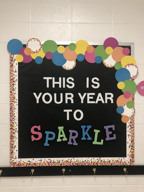 New Year Soft Board Ideas, Sparkle And Shine Classroom Theme, Sparkle Bulletin Board Ideas, Barbie Bulletin Board, Winter Door Contest, Happy New Year Bulletin Boards, Teacher Board Ideas, New Years Bulletin Boards For School, Welcome Back Board