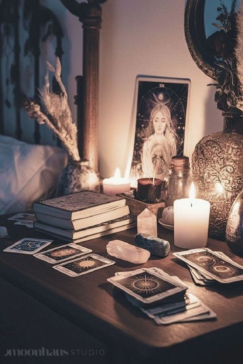 Bring cozy Autumn Witch vibes into your home with warm lighting, rustic elements, fall-inspired tarot card decks & seasonal spell books. This aesthetic perfectly captures the magic of fall, combining cozy witch core design with touches of mystical, magic  aesthetic. ✨ find unique tarot decks, oracle cards, and spiritual, witchy printables at MoonHaus Studio! Oracle Cards Decks Printable, Cozy Witch Aesthetic, Witchy Bedroom Aesthetic, Witchy Home Aesthetic, Diy Oracle Cards, Witchy Printables, Oracle Cards Aesthetic, Tarot Card Aesthetic, Cozy Witch