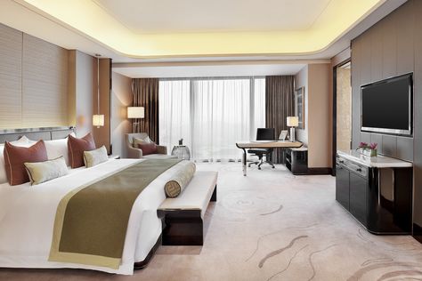 The St. Regis Shenzhen—Executive Deluxe Room - scenic view | by St. Regis Hotels and Resorts Cozy Farmhouse Bedroom, Hotel Bedroom Design, Deluxe Room, Rosewood Hotel, Scenic View, St Regis, Bedroom Hotel, Hotel Furniture, Home Building Design