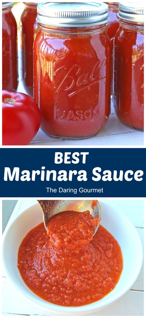 You won't find a more flavorful marinara sauce - it's easy to make and is absolutely PACKED with flavor!  Canning instructions included so you can enjoy the fresh flavor of tomatoes all year long! The Daring Gourmet, How To Can Marinara Sauce, Manara Sauce, Marinara Sauce Canning, Sauce Canning Recipes, Sweet Marinara Sauce, The Best Marinara Sauce, Canning Marinara Sauce, Simple Sauces