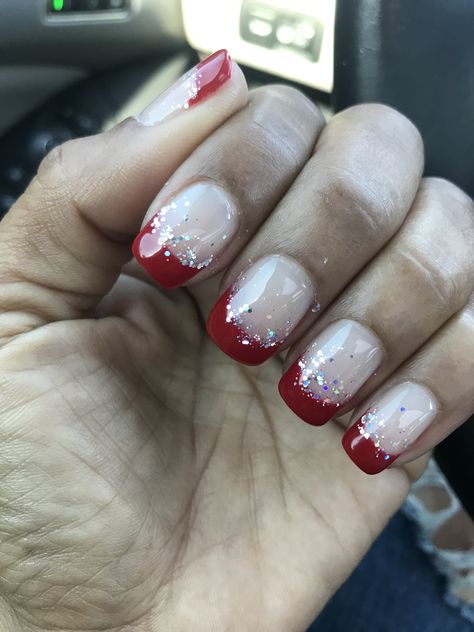 Red Tip French Manicure Christmas, Colored French Tip Nails Christmas, French Manicure For Christmas, French Top Christmas Nails, Christmas Nails With French Tip, Christmas Nail French Tip, Christmas Nails Acrylic French Tip, French Manicure Nails Acrylic, Xmas French Tip Nails