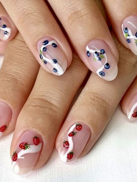 Fruit Nail Designs, Berry Nails, Fruit Nail Art, 4th Of July Nails, Simple Gel Nails, Summery Nails, July Nails, Festival Nails, Nail Art Ideas