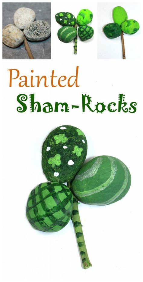 Painted rock shamrocks or four leaf clovers for St. Patrick's Day. Nature arts and kids for kids. Shamrock Crafts For Kids, Shamrock Crafts, Clover Craft, Thumbprint Crafts, Shamrock Template, Leprechaun Craft, Shamrock Craft, Ideas For Painting, St. Patrick's Day Crafts